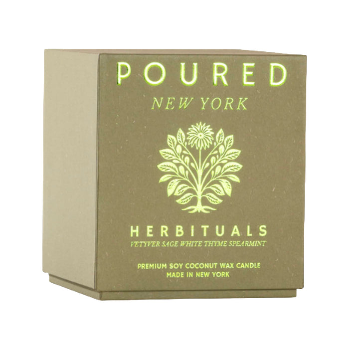 Olive green box of 'POURED NEW YORK' Herbituals candle with green foil text and logo on a white background.