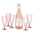 Set of 5 pink acrylic champagne glasses and a bottle with a champagne button illustration on its label, on a white background.