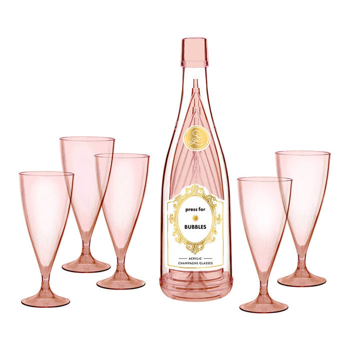 Set of 5 pink acrylic champagne glasses and a bottle with a champagne button illustration on its label, on a white background.