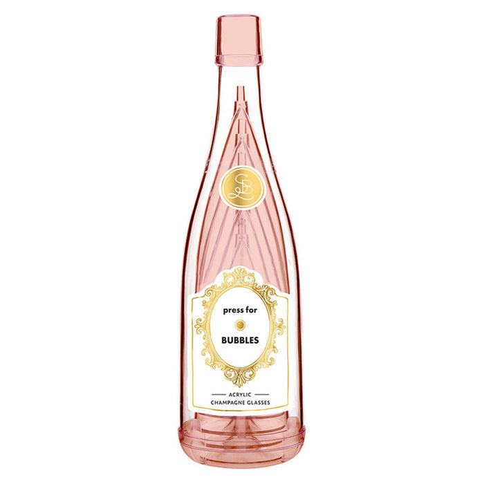 Set of 5 pink acrylic champagne glasses in bottle packaging with a champagne button illustration on its label, on a white background.