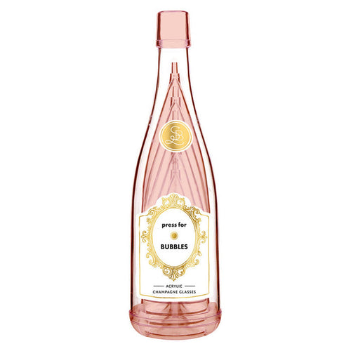 Set of 5 pink acrylic champagne glasses in bottle packaging with a champagne button illustration on its label, on a white background.