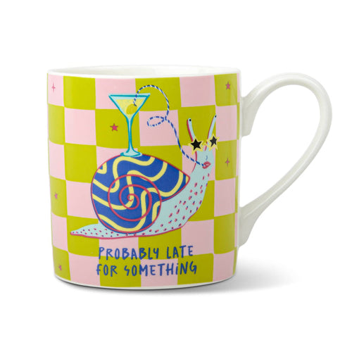 A white ceramic mug featuring a colorful design with a pink and lime green checkered pattern, a cartoon snail with a cocktail glass on its shell, and the text 'PROBABLY LATE FOR SOMETHING'. Handle is on the right and it's on a white background.