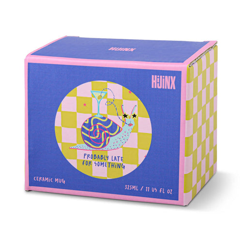 Box packaging for a ceramic mug with colorful design and text on a white background.