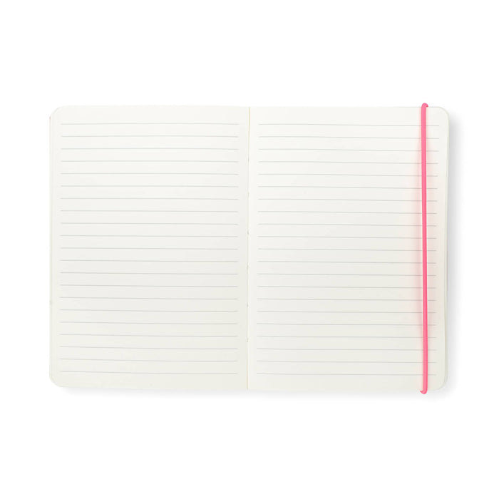 Open notebook with lined pages and a neon pink elastic placeholder, on a white background.
