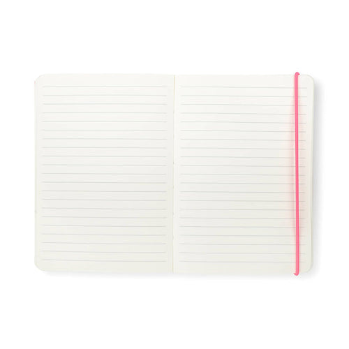 Open notebook with lined pages and a neon pink elastic placeholder, on a white background.