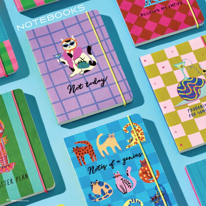 A styled flat-lay of several colorful hardcover notebooks with elastic closures, arranged on a bright blue background. The featured notebook in the center has a lavender grid pattern and a cartoon cat illustration with the text 'Not today.