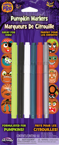 A package of Pumpkin Markers by Fun World, featuring five markers in lime green, white, dark teal, red, and silver, displayed on a purple Halloween-themed backing card with cartoon pumpkins.