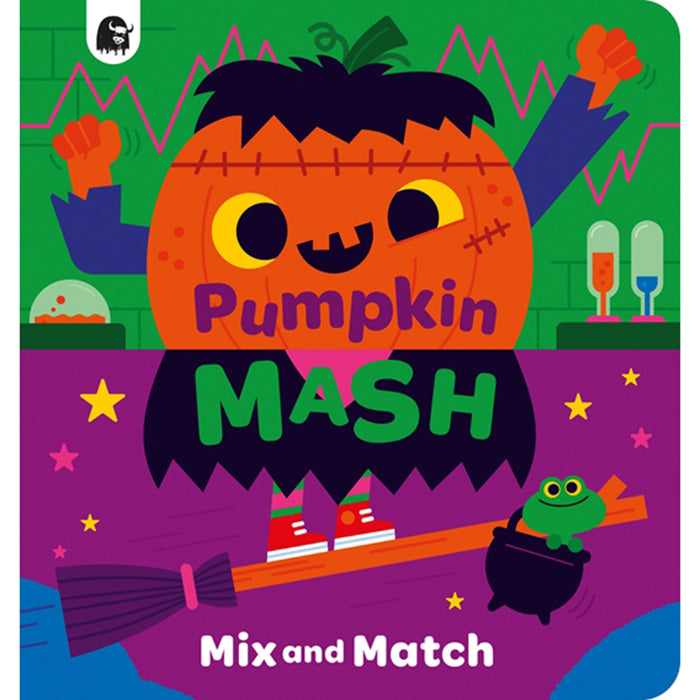 A children's board book cover titled 'Pumpkin Mash: Mix and Match' with a colorful Halloween illustration. The cover shows a large orange jack-o'-lantern with black hair, purple text, a green background with zigzag lines, a black bat silhouette, stars, a witch's broom, red shoes, and a green frog in a cauldron.