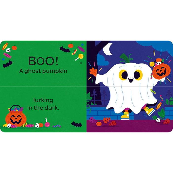 A children's board book spread featuring Halloween-themed illustrations. The left page is bright green with the text 'BOO! A ghost pumpkin' and 'lurking in the dark.