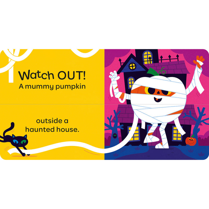 A children's Halloween book or card spread with a bright yellow left page reading 'Watch OUT! A mummy pumpkin' and 'outside a haunted house,' plus a black cat illustration. The right page shows a cartoon mummy pumpkin character in front of a haunted house and pumpkin on a purple background.
