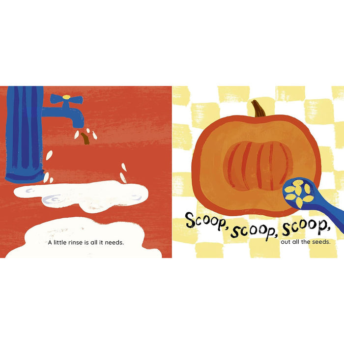 A children's book spread showing illustrated pages about washing a pumpkin. The left page shows a blue faucet running water onto a white patch against a red-orange background, with the text 'A little rinse is all it needs.