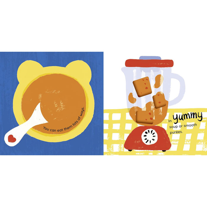 A children's picture book spread showing illustrated pages about smooth purées. One page shows a yellow bear-shaped bowl filled with brown purée and a white spoon on a blue background, with text reading 'You can eat them lots of times.