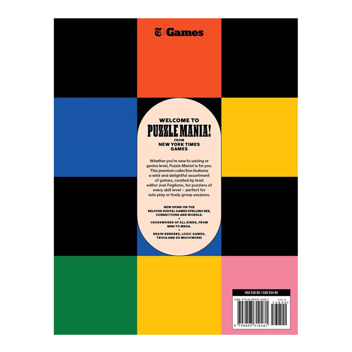 Colorful book back cover with geometric pattern and text about 'Puzzle Mania' from New York Times Games.