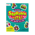 Ooly Rad Times Shrink-Its! DIY Mini Shrink Art Kit box, featuring a bright teal green cover with colorful cartoon illustrations of roller skates, a boombox, headphones, a Rubik's cube, and an arcade game, along with age 6+ and warning text.
