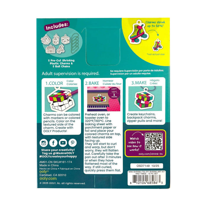 Bright teal green Ooly Rad Times Shrink-Its! DIY Mini Shrink Art Kit box, back view with simple instructions, pictures of contents, on a plain white background.