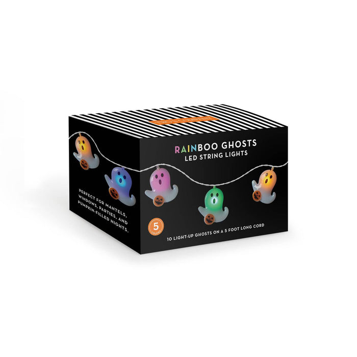 A black retail box for a pack of Rainbow Ghosts LED string lights, featuring colorful ghost illustrations and white text on a clean white background.