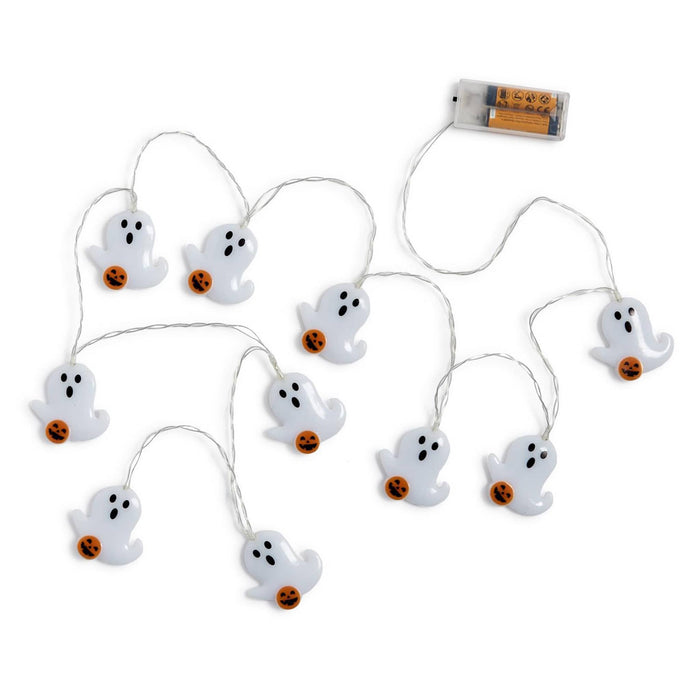 Halloween ghost string lights with white plastic ghosts holding small orange pumpkins, connected by thin wires and powered by a battery compartment on a white background.