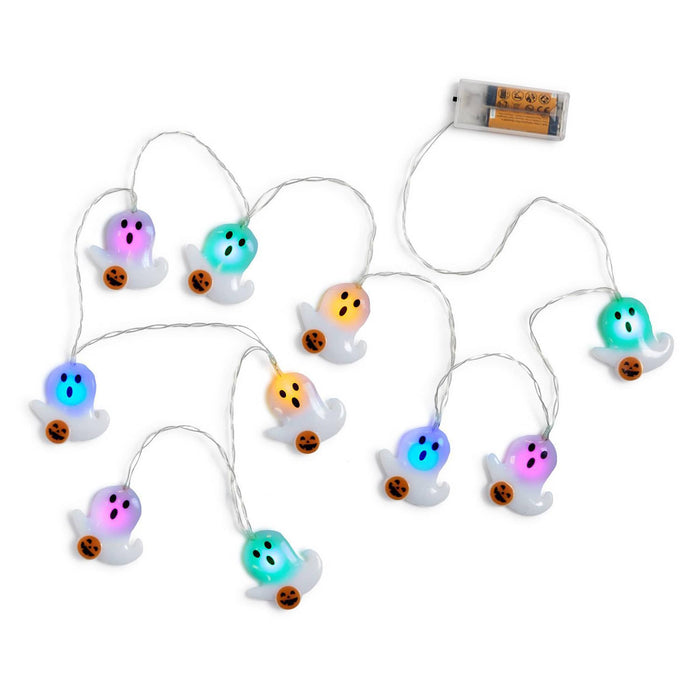 Multicolor LED ghost string lights with small orange pumpkin accents, shown with a battery compartment on a white background.