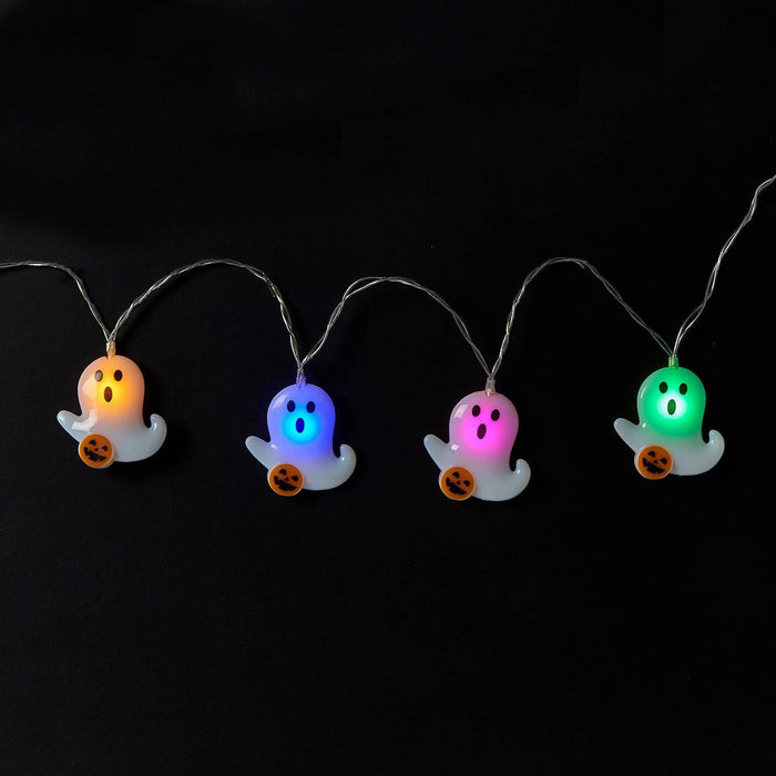 Four Halloween ghost string lights glowing in orange, blue, pink, and green. set against a solid black background.