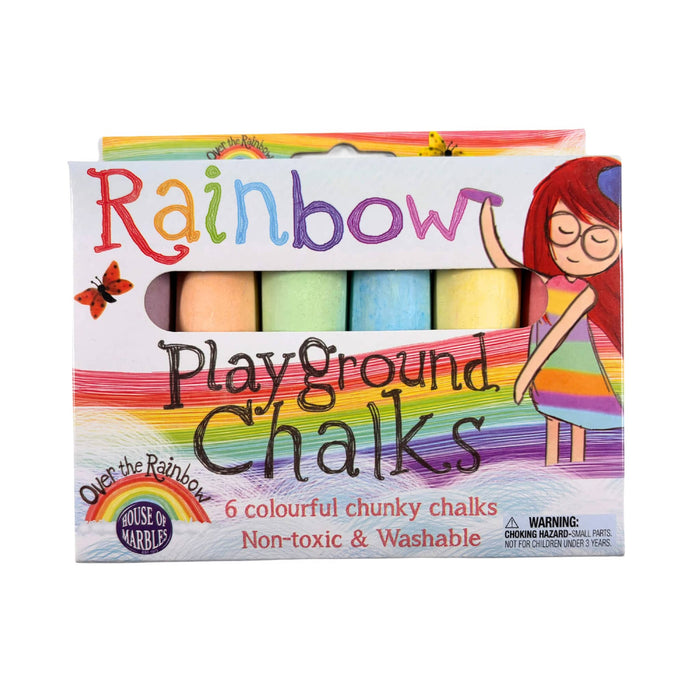 Packaging of Rainbow Playground Chalks with colorful design and text.