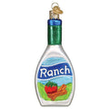 Old World Christmas Ranch Dressing Bottle glass holiday ornament, front view.