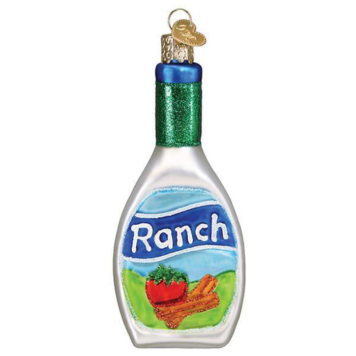 Old World Christmas Ranch Dressing Bottle glass holiday ornament, front view.