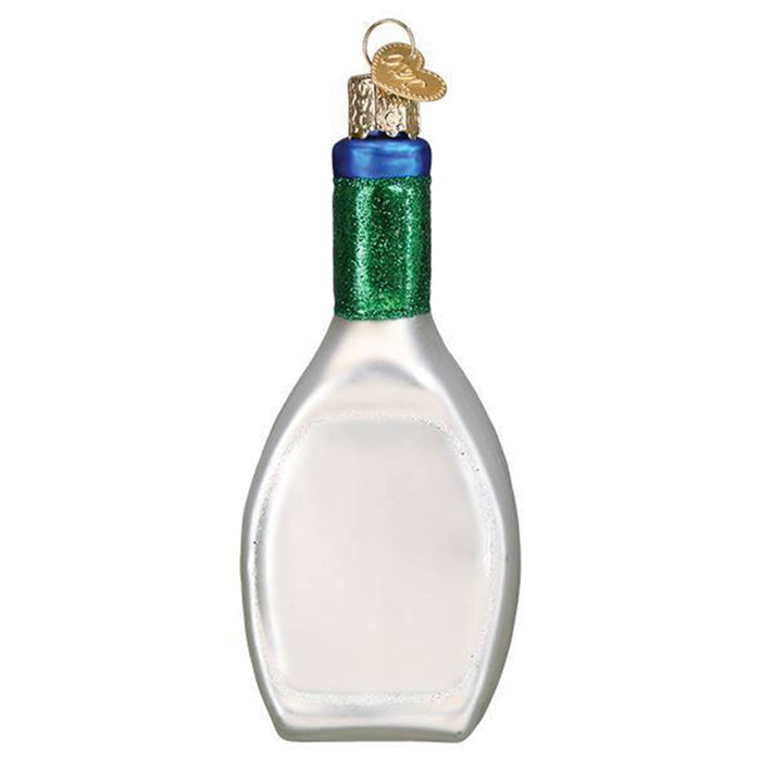Old World Christmas Ranch Dressing Bottle glass holiday ornament, back view.