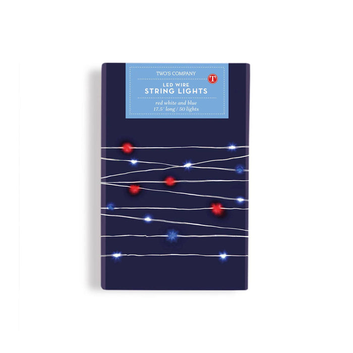 Red, white, and blue LED wire string lights in box packaging, on a white background.