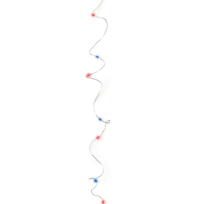 Red, white, and blue LED wire string lights on a white background.