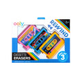 Ooly Rewind Cassette Erasers set of 3 in a retail box. The set includes three colorful cassette-shaped erasers designed to look like vintage audio cassettes in pink, blue, and yellow, with retro labels.