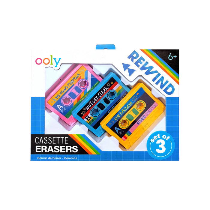 Ooly Rewind Cassette Erasers set of 3 in a retail box. The set includes three colorful cassette-shaped erasers designed to look like vintage audio cassettes in pink, blue, and yellow, with retro labels.