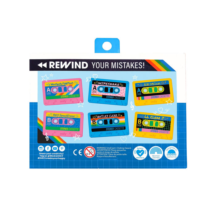 Back of retail package of 'Rewind Your Mistakes!' erasers, featuring colorful cassette tape designs on a blue grid, with a hanging tab.