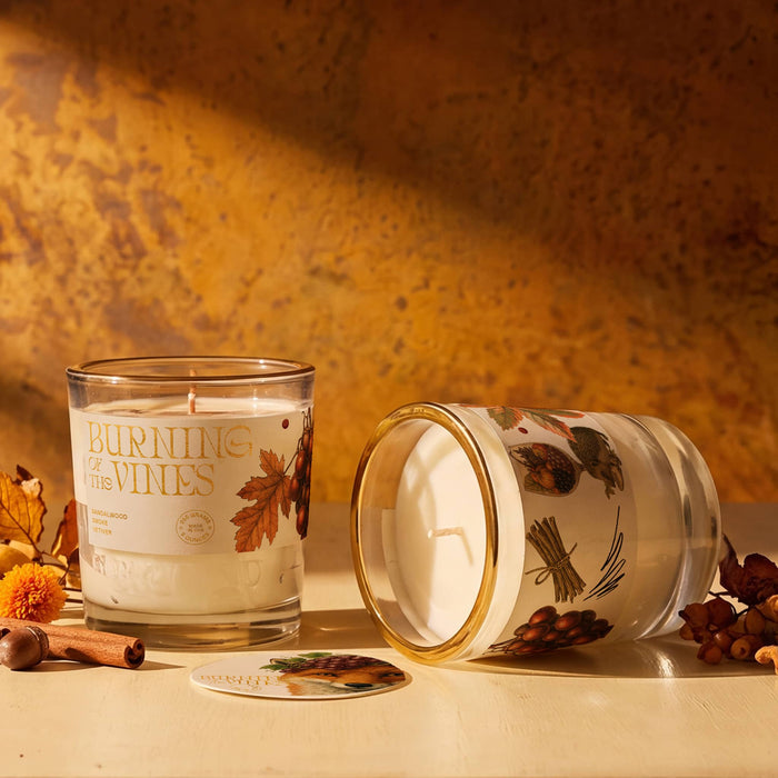Two glass jar candles with white wax and botanical illustrations are styled on a tabletop with autumn props. One candle stands upright with its label reading 'BURNING OF THE VINES,' and the other lies on its side showing the inner vessel and dust cover.