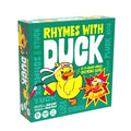 Rhymes with Duck board game box shown at a slight angle on a plain white background. The box is predominantly green with large yellow and white title text and cartoon duck illustrations.
