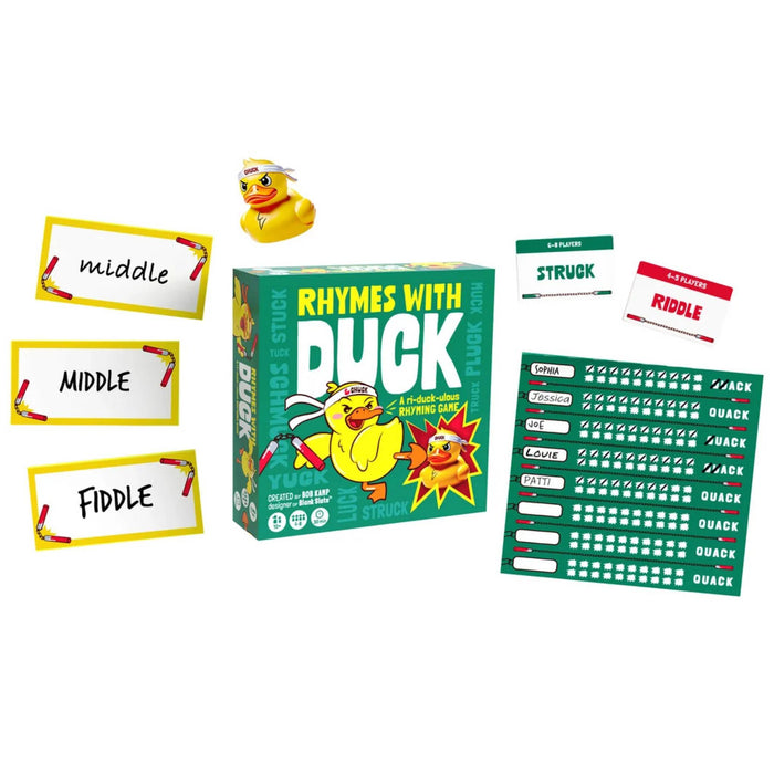 Rhymes with Duck educational game set on a white background, including the green box, yellow duck toy, word cards, and lettering sheets.