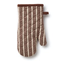 A quilted oven mitt with brown and cream stripes and an acorn print with a solid brown cuff and hanging loop, shown on a white background.