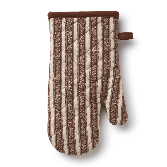 A quilted oven mitt with brown and cream stripes and an acorn print with a solid brown cuff and hanging loop, shown on a white background.