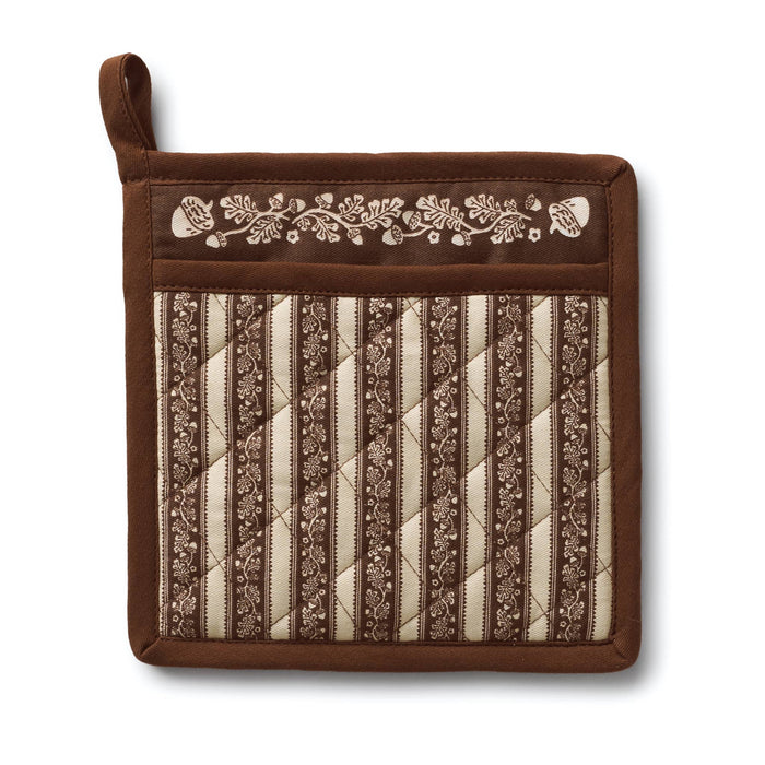 A brown quilted pot holder with a cream and brown striped patterned center panel, an embroidered floral border on the top, and a loop handle on the left side, shown against a plain white background.