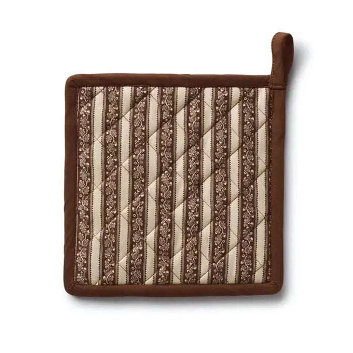 A square quilted pot holder with a brown and beige striped pattern, featuring a solid brown fabric border and a top handle, shown on a white background.