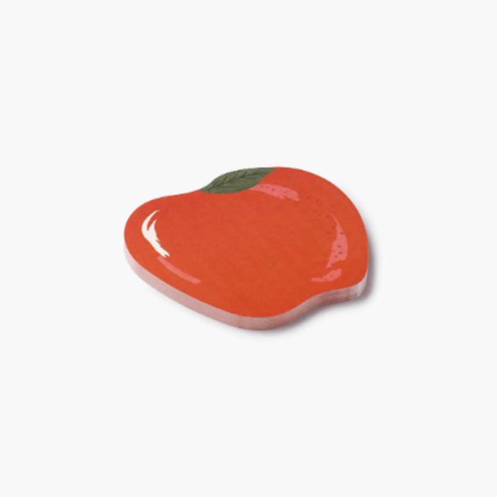 Red apple-shaped sticky notes pad side and top view, on a white background.