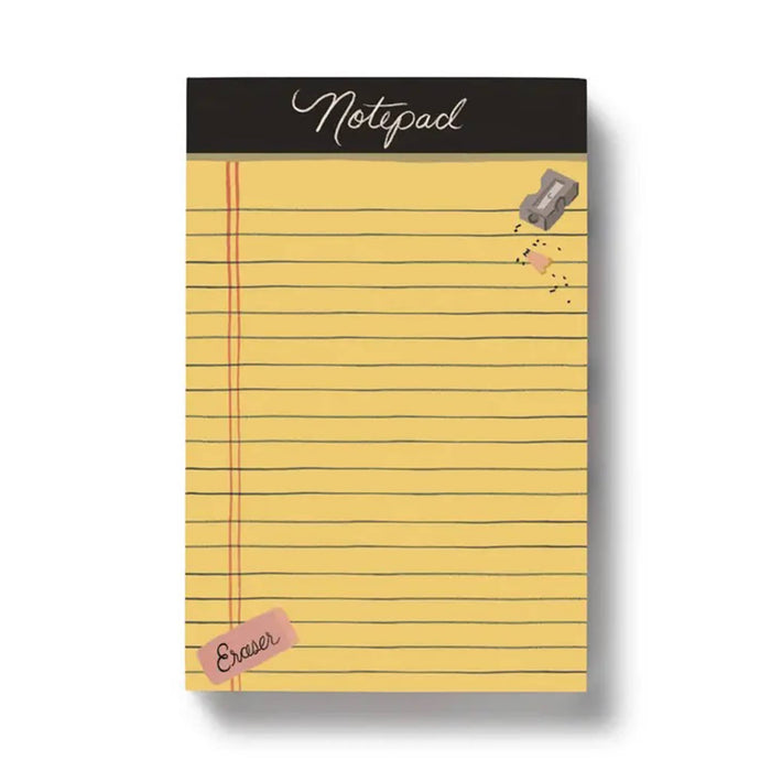 A yellow lined notepad with a black header band reading 'Notepad' in white script, plus small illustrations of a gray pencil sharpener and shavings along with a pink eraser. Shown on a plain white background.