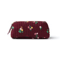 A small quilted burgundy cosmetic pouch with a small-scale floral print in pink, yellow, green, and white, front view shown on a plain white background.