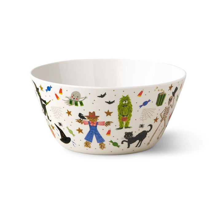 A white melamine Halloween-themed bowl decorated with colorful illustrations of a scarecrow, green monster, black cat, witch, bats, stars, and candy on a white background.