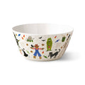 A white melamine Halloween-themed bowl decorated with colorful illustrations of a scarecrow, green monster, black cat, witch, bats, stars, and candy on a white background.