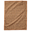 A cotton tea towel with fall harvest icons on a brown gingham backdrop and orange ric-rac trim, shown flat on a white background.