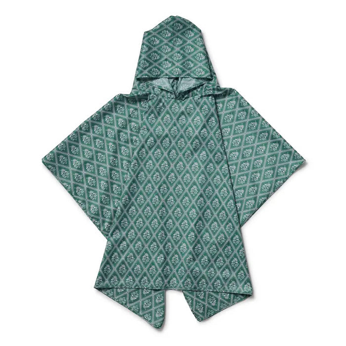 Green floral patterned poncho on a white background.