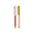 Two slim ballpoint pens with gold-tone metal accents, shown side by side on a plain white background. One pen has a light pink upper section, a muted terracotta lower section, and gold-tone metal details. The other has a golden upper section and a peach lower section with gold-tone metal details.