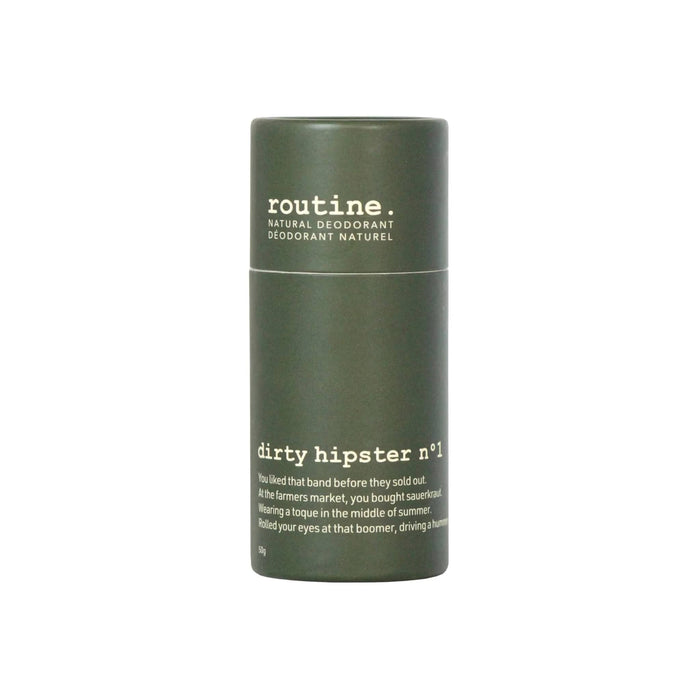 Routine Dirty Hipster No. 1 Natural Deodorant Stick in olive green cardboard tube packaging, lid on.