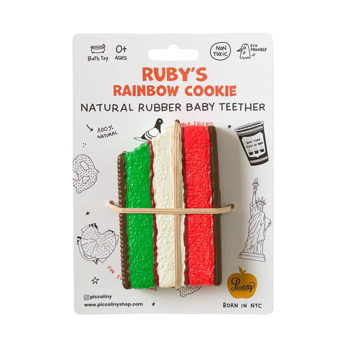 Packaging of Ruby's Rainbow Cookie natural rubber baby teether with colorful stripes.