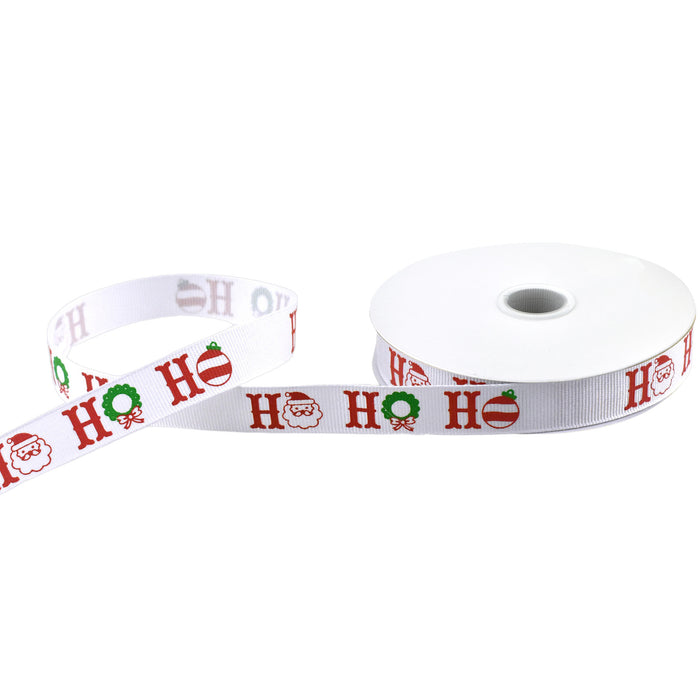 Santa Ho Ho Ho and Christmas Ornaments Grosgrain Ribbon, 5/8-Inch, 10-Yard - White